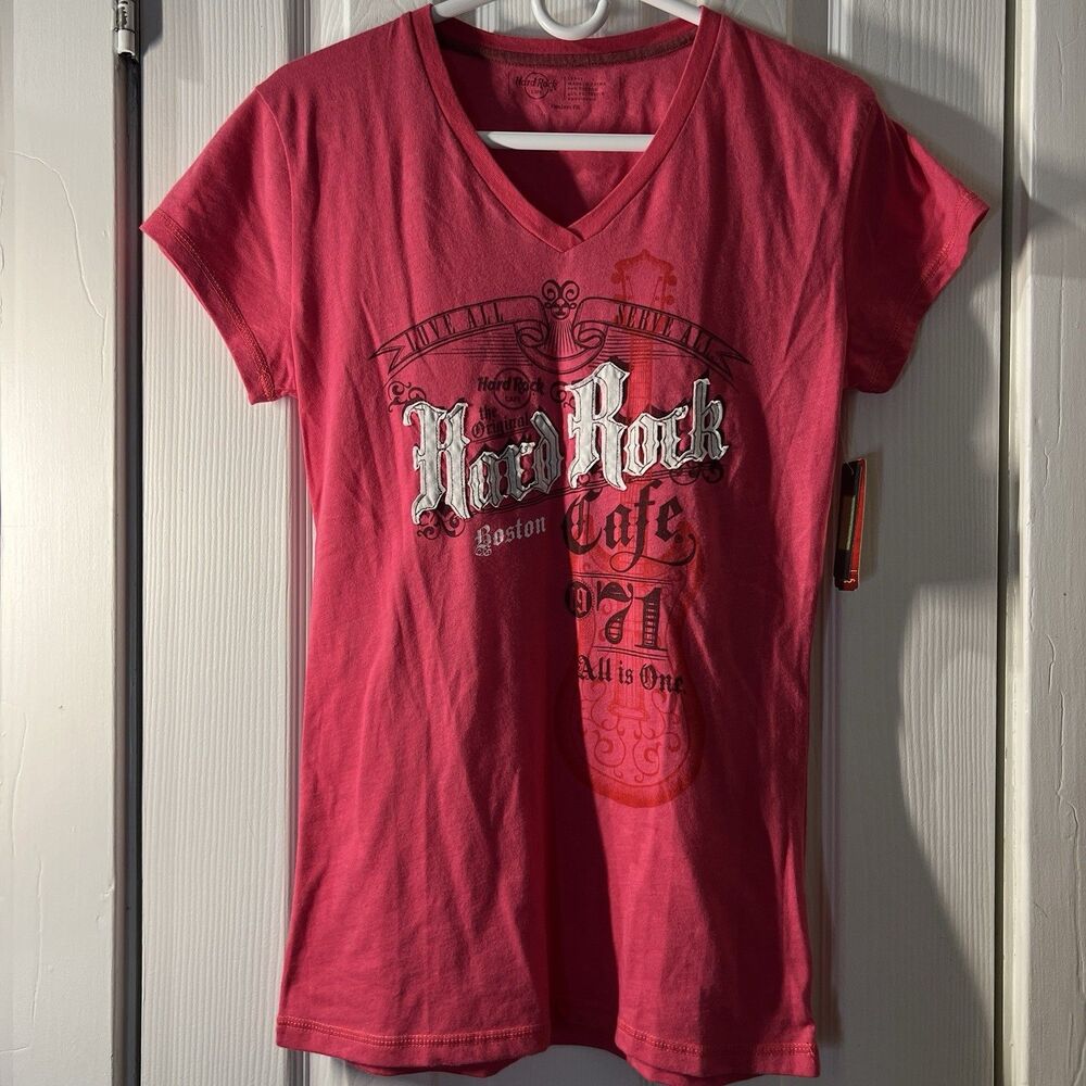 Hard Rock Cafe Boston 1971 Pink V-Neck Juniors Size L NWT